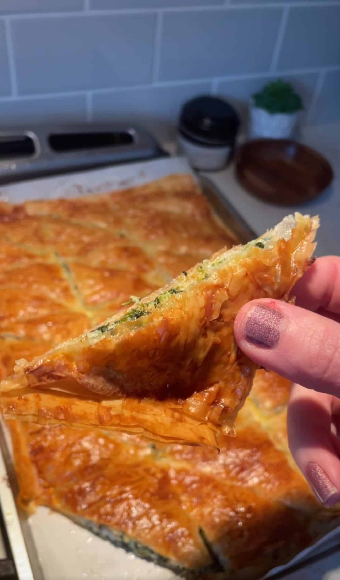 Hand holding a triangle slice of cheesy spinach pie