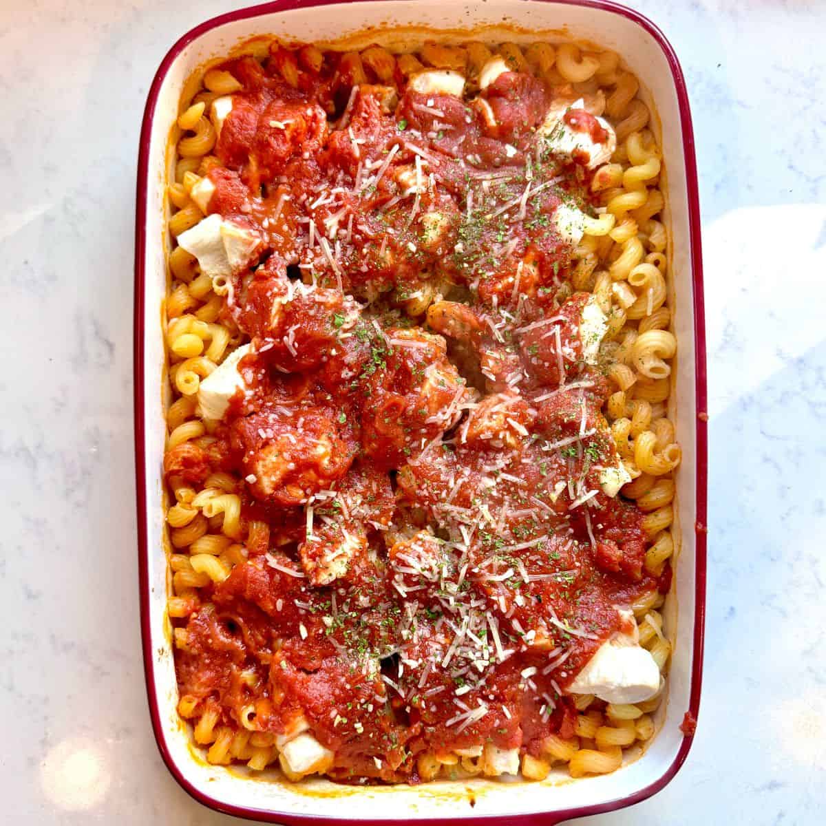 Easy Baked Chicken Pasta - Mom's Dinner Bell - Quick, Budget Friendly