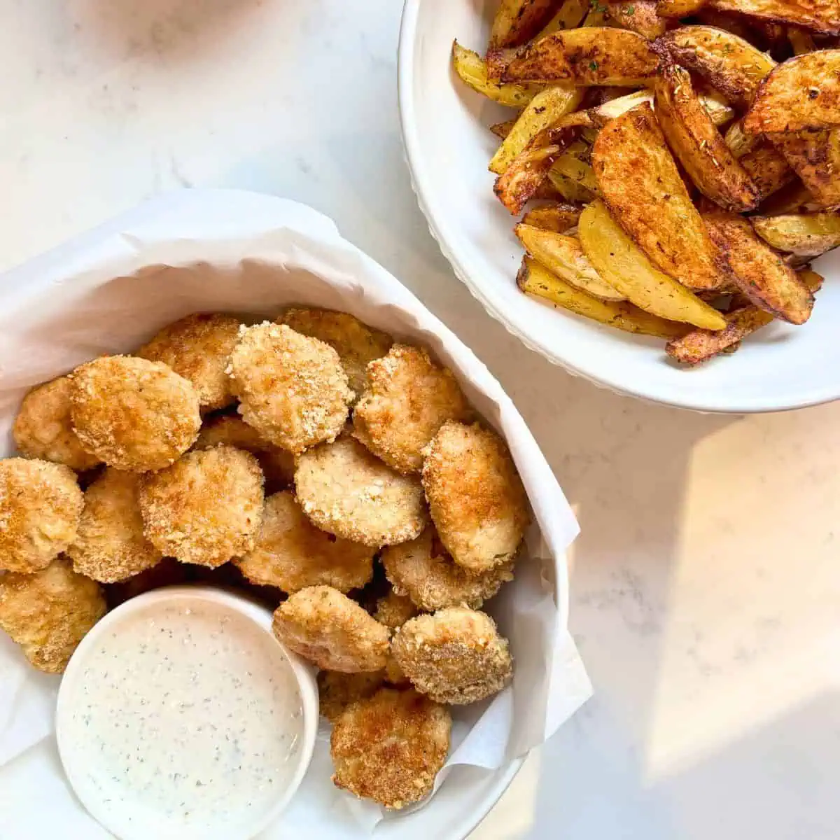 Homemade chicken nuggets with a bowl of homemade ranch sauce and potato wedges. 