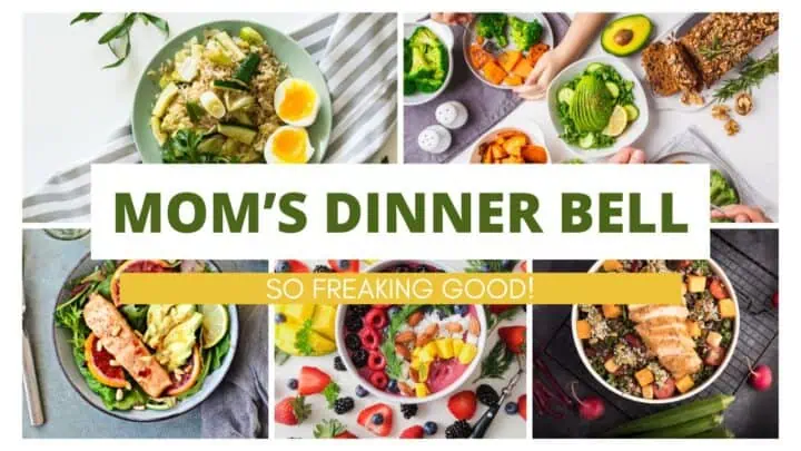 Family gathered around the dinner table enjoying a healthy home cooked meal prepared by Mom's Dinner Bell recipes.