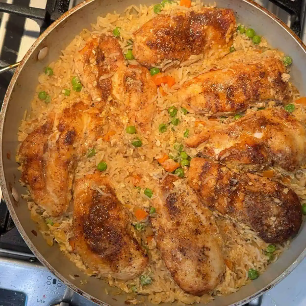 Finished one pot chicken and fried rice with lid removed