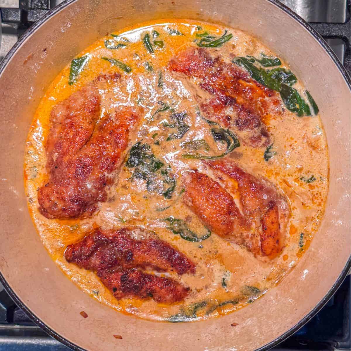 Creamy One Pot Chicken simmering in a Dutch oven with a rich, golden sauce.