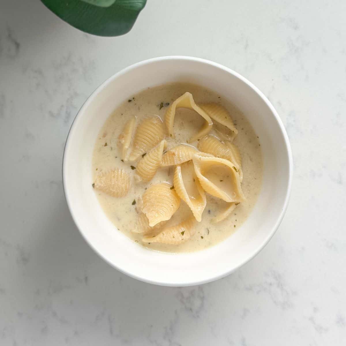 A bowl of creamy Armenian yogurt soup with shell pasta, garnished with dried mint and a drizzle of olive oil