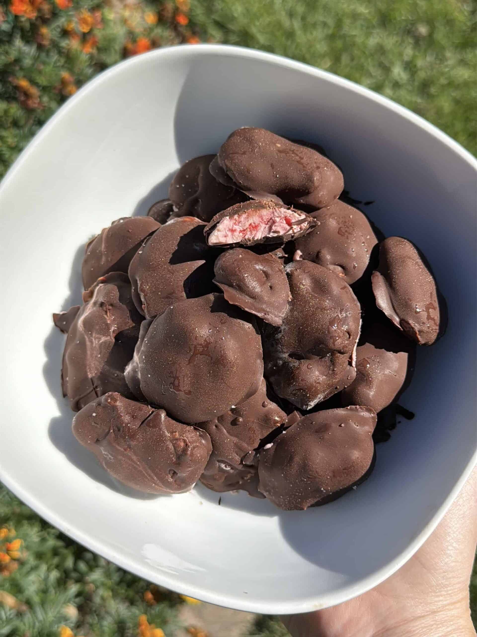 Bowl of dark chocolate protein raspberry clusters with one cluster broken open to show creamy raspberry filling.