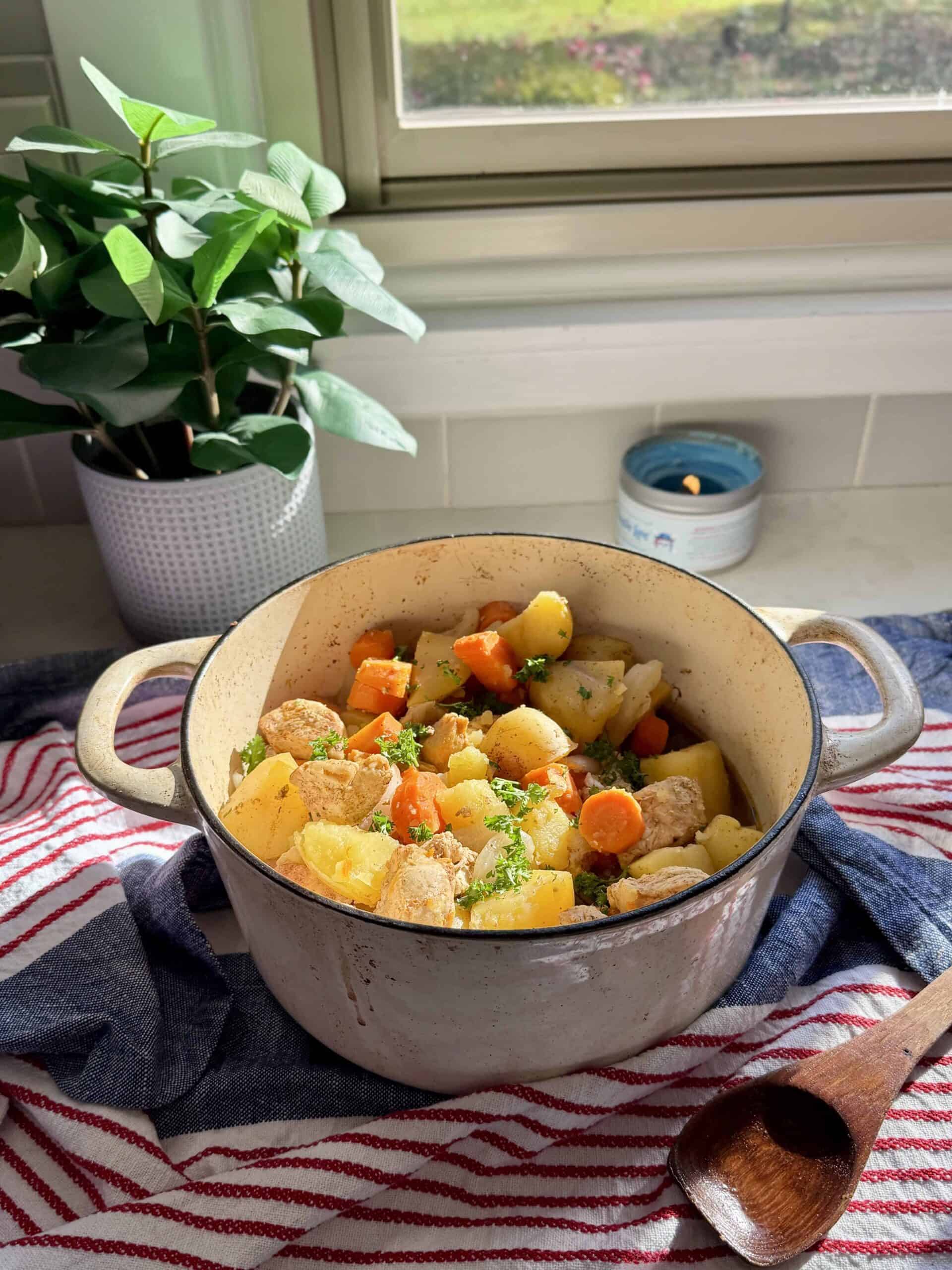 One Pot Chicken and Vegetable Stew in a ceramic pot on the counter with a plant in the background and a wooden spoon beside it.