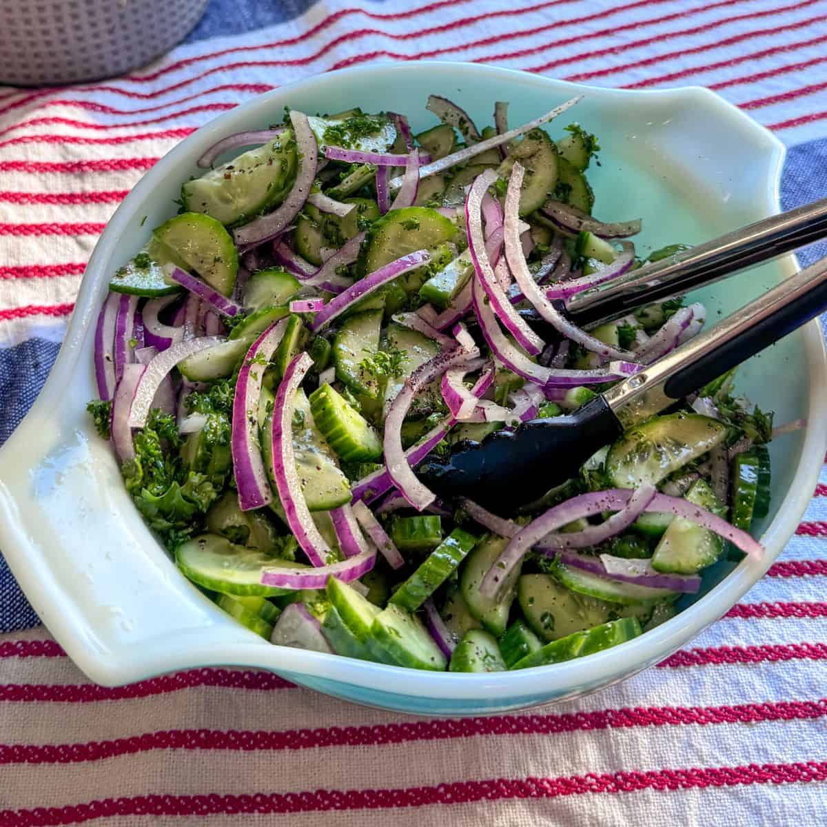 Overhead angled view of cucumber salad with parsley, red onion, and sumac.
