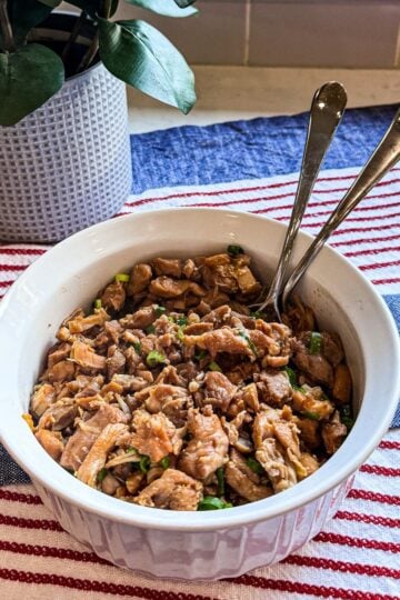 Honey Soy Chicken in a white bowl photographed at an angle with a plant in the background.