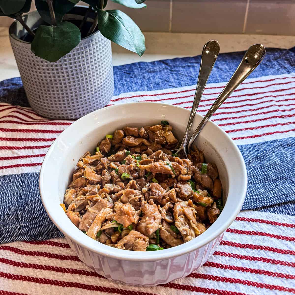 Honey Soy Chicken in a white bowl photographed at an angle with a plant in the background.
