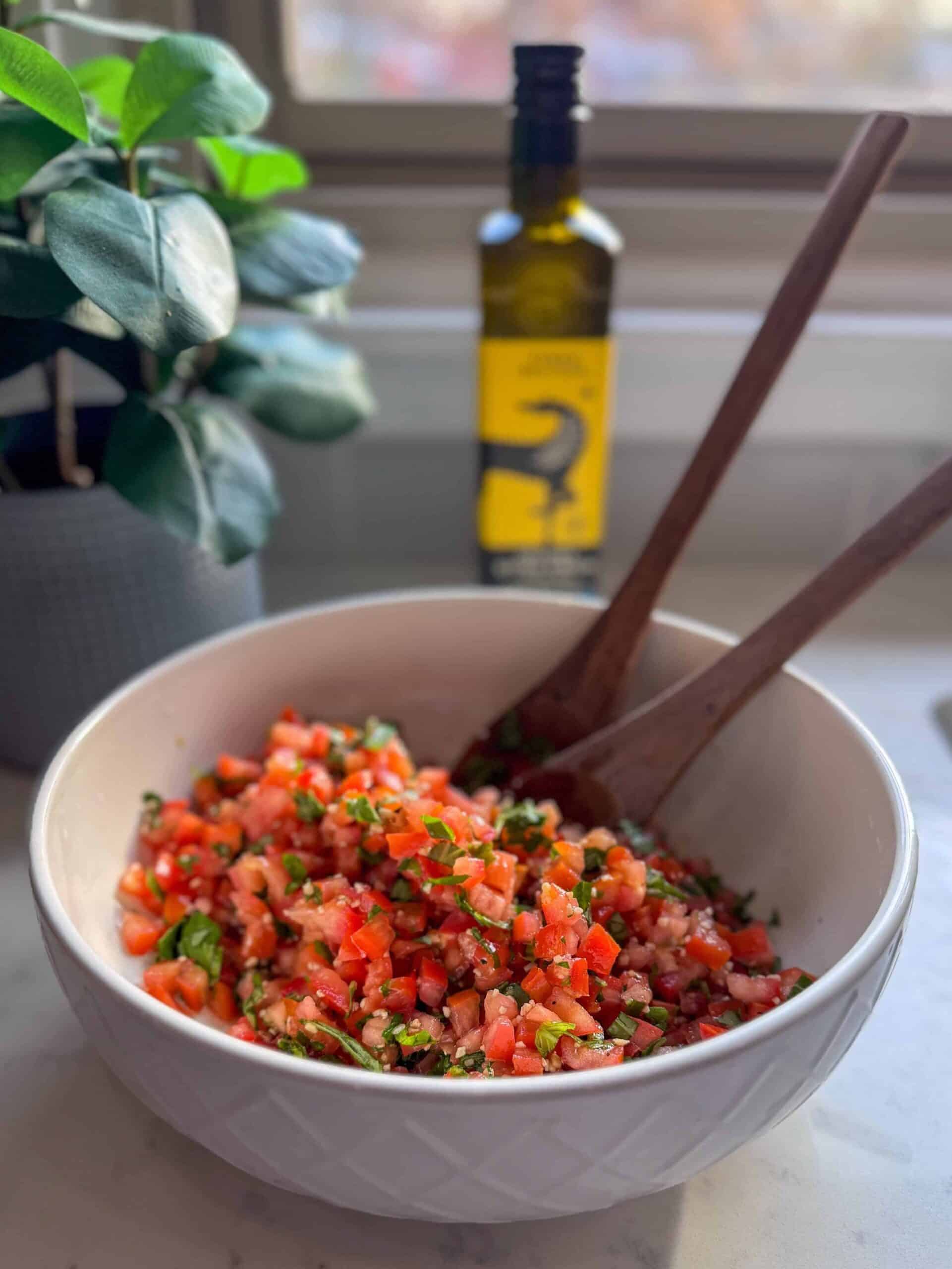 Bowl of tomato bruschetta mix served as a dip.
