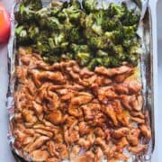 Sheet pan chicken and broccoli cooked on foil with soy ginger glaze