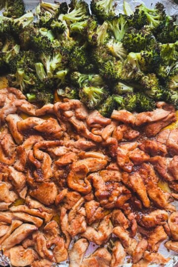 Sheet pan chicken and broccoli cooked on foil with soy ginger glaze