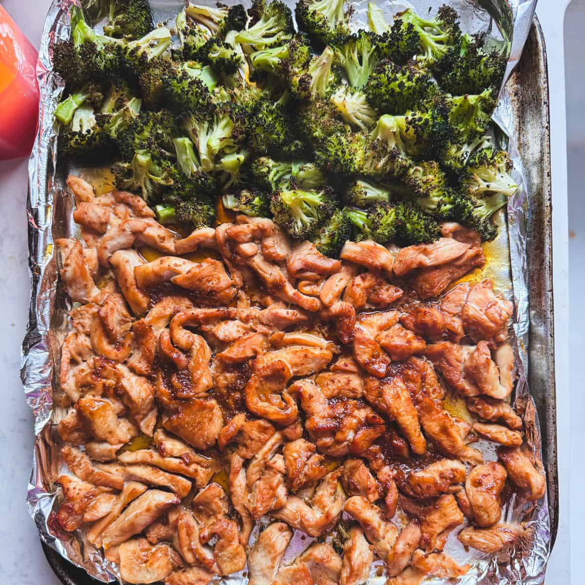 Sheet pan chicken and broccoli cooked on foil with soy ginger glaze