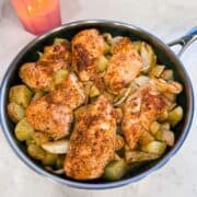 One pan honey Dijon chicken and potatoes cooked and ready to serve