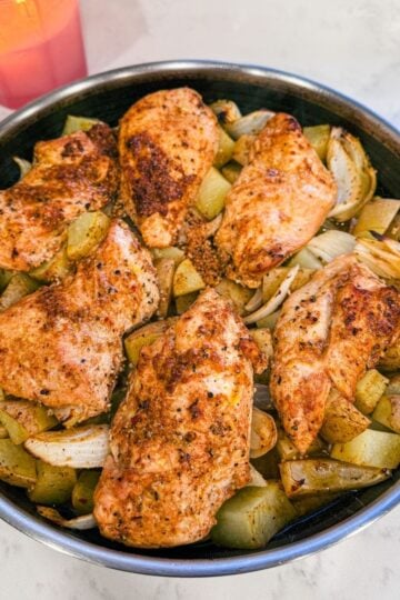 One pan honey Dijon chicken and potatoes cooked and ready to serve