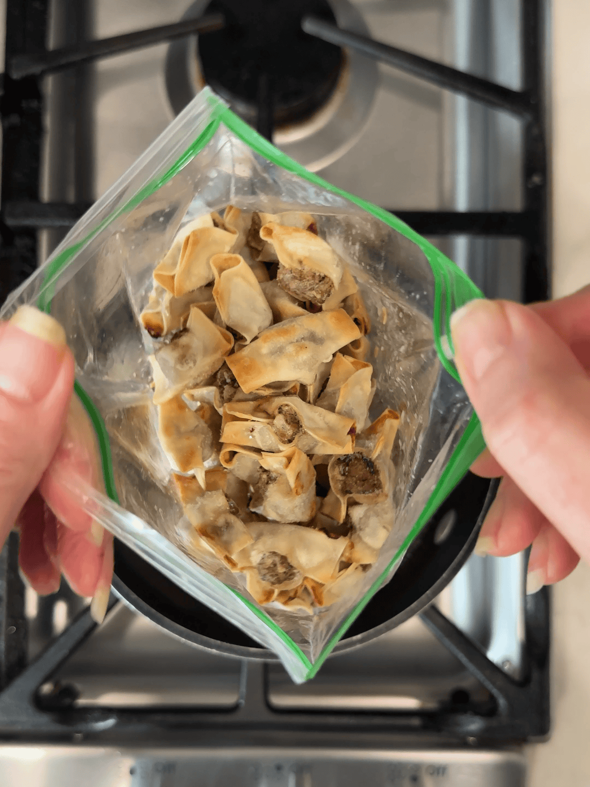 Frozen Armenian Manti stored in a Ziploc bag before being added to hot chicken broth.