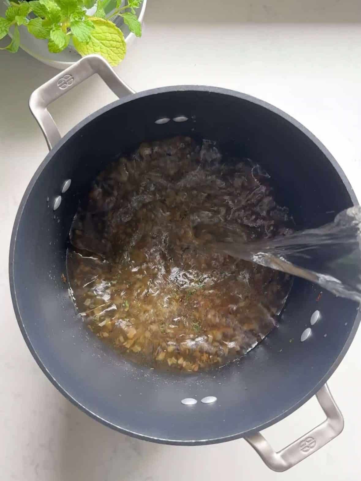 Water being poured into a large dark pot of sautéed onions and bloomed dried mint, the base for Armenian yogurt soup Tutmaj Abour, with fresh mint plant visible in the background