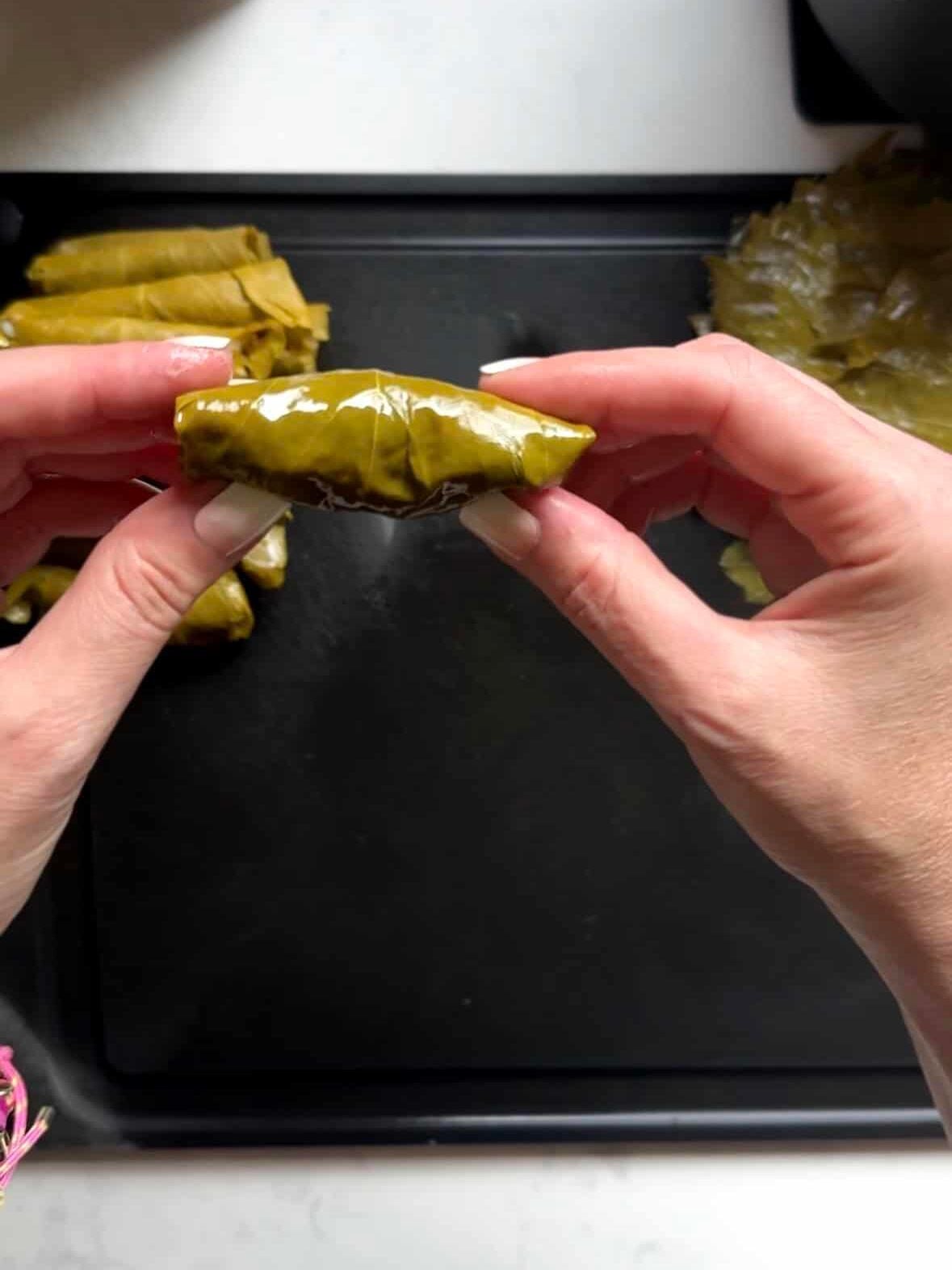 A finished rolled vegetarian stuffed grape leaf held between two hands