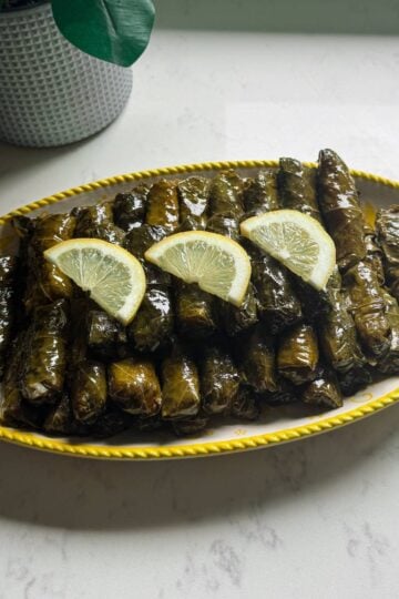 Platter of vegan stuffed grape leaves stacked high and ready to serve