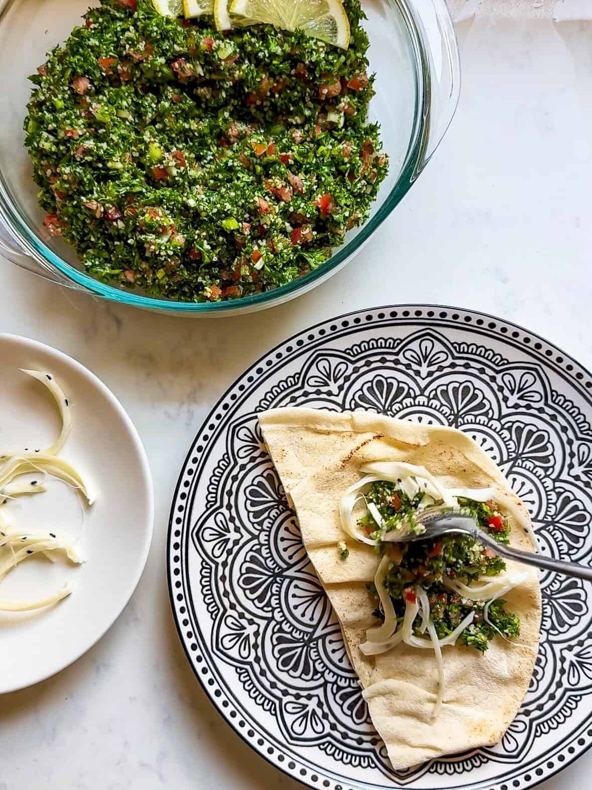Levantine tabbouleh served in warm pita with string cheese