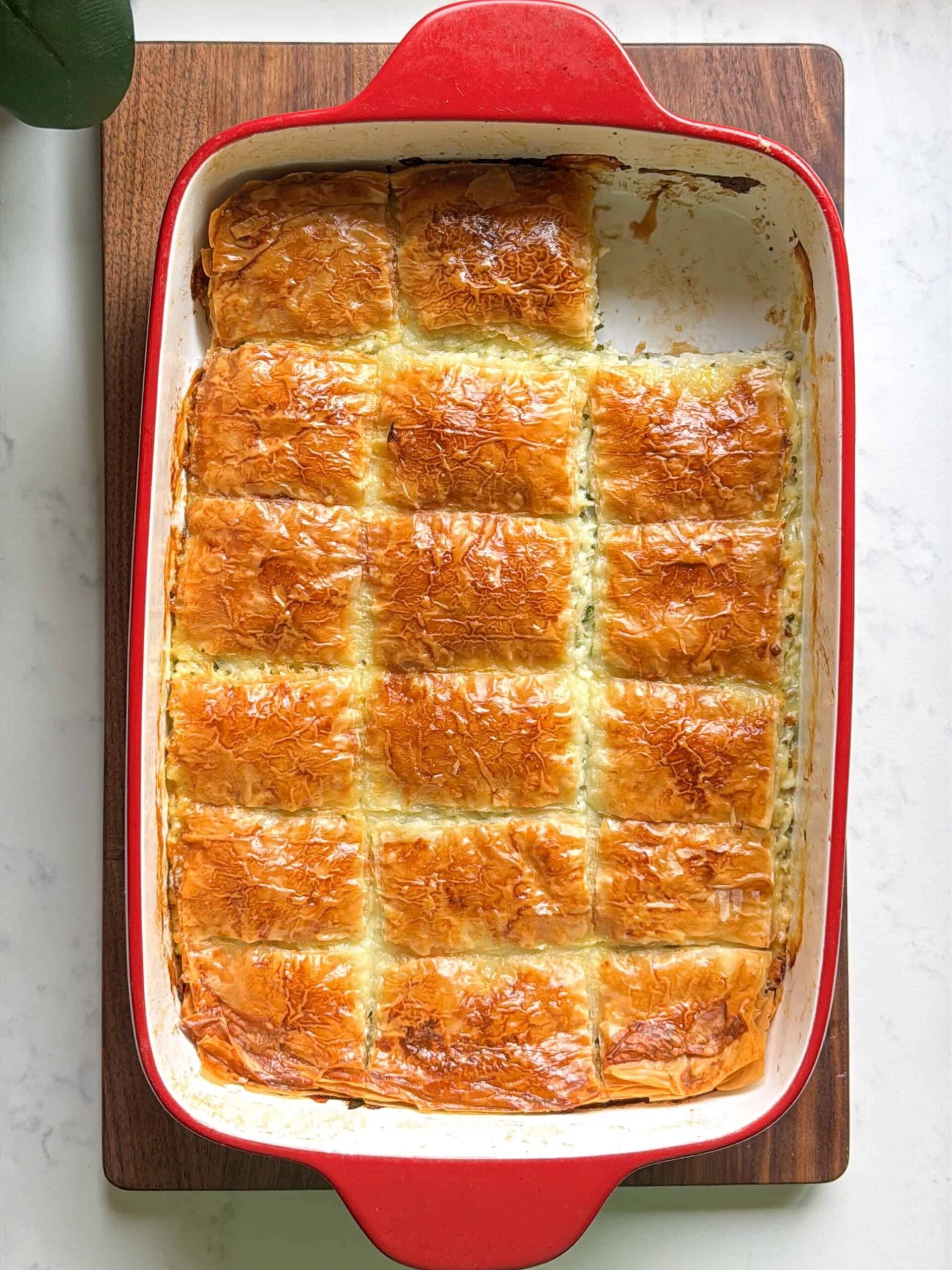 Armenian sheet cheese boreg baked golden and cut into squares in a red baking dish