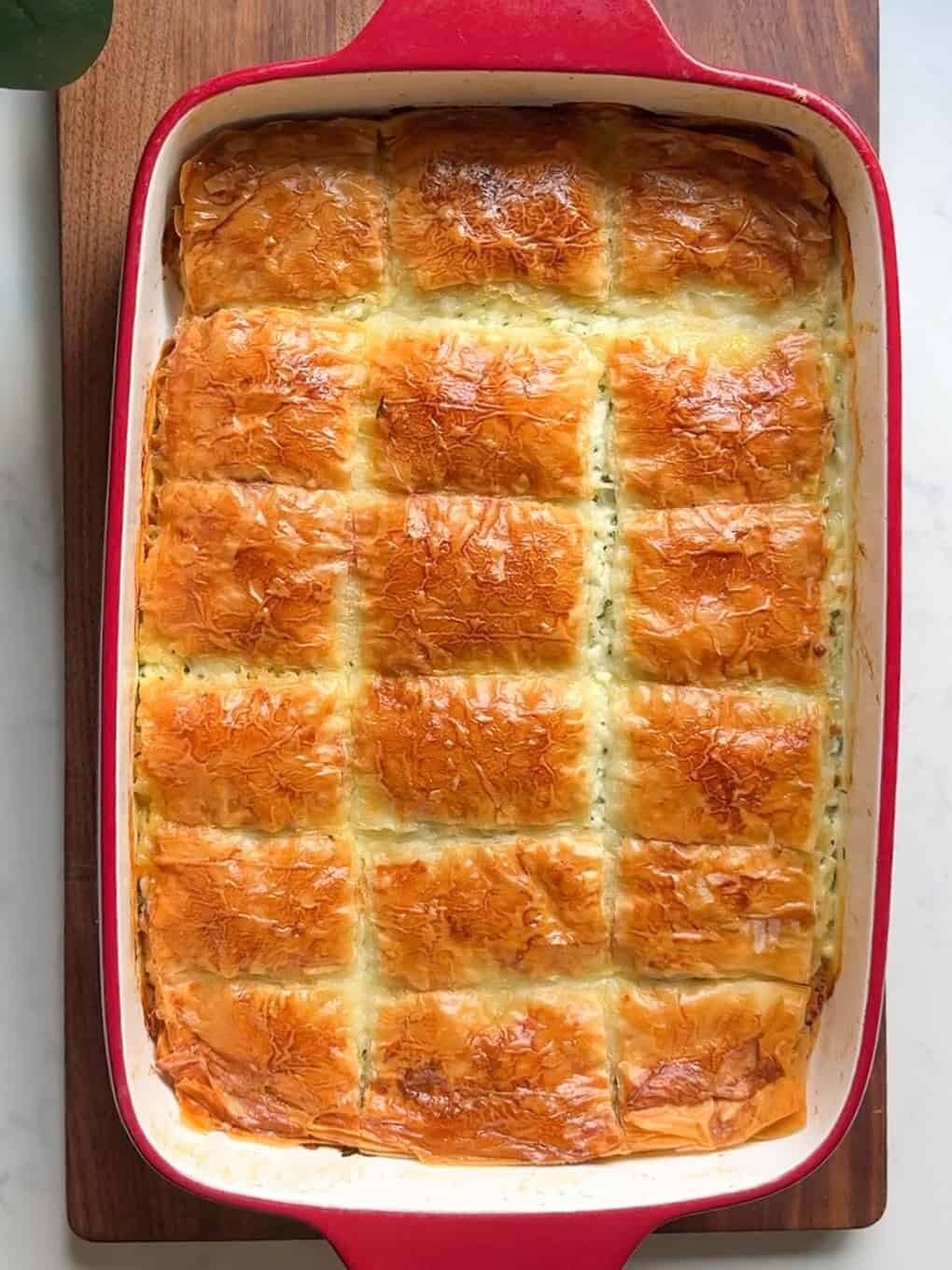 Fully baked Armenian sheet cheese boreg with golden crisp phyllo top