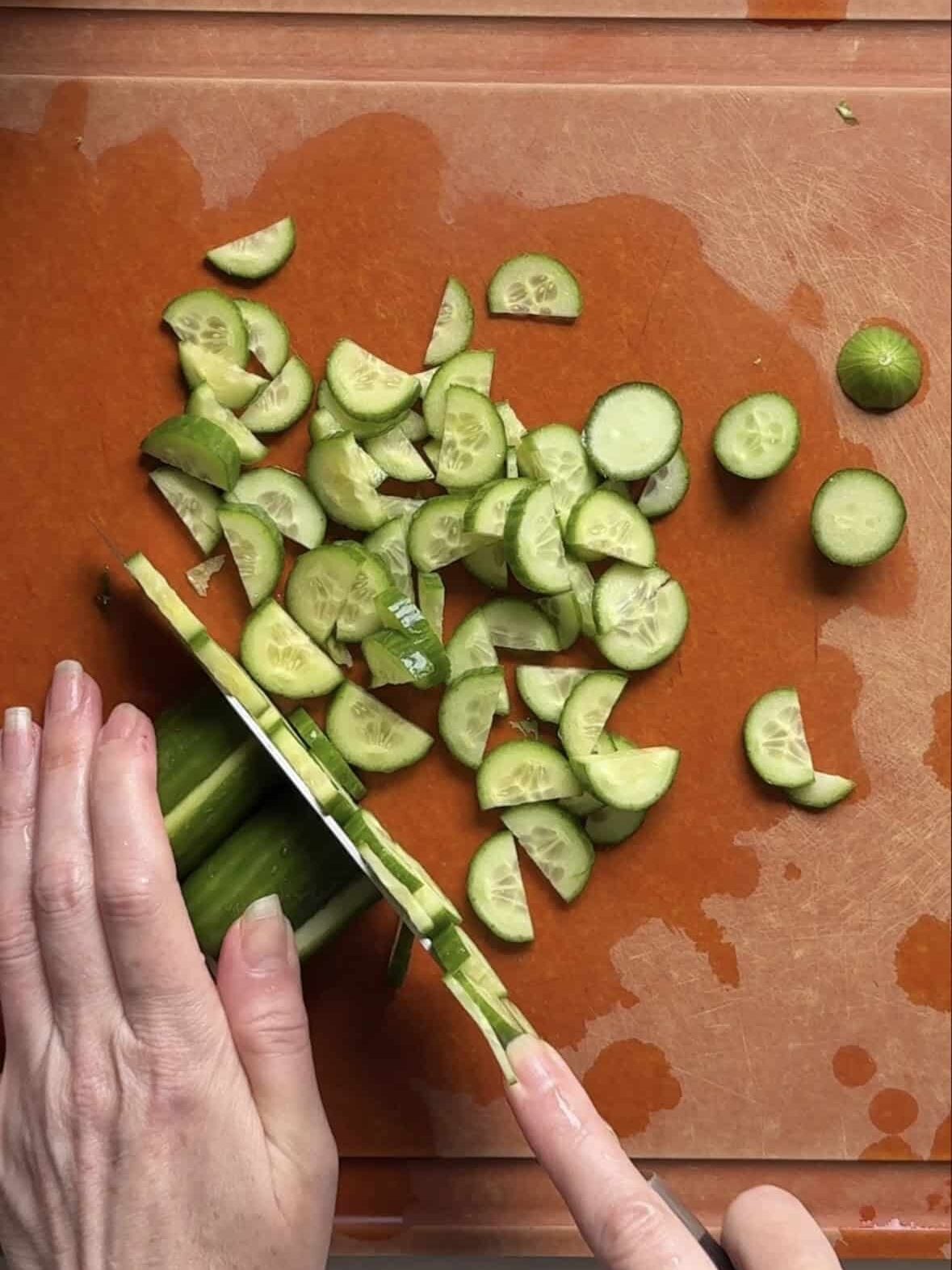 Slicing Persian cucumbers for a fresh fattoush salad